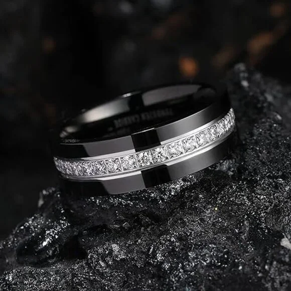 Tungsten Wedding Band with Cubic Zircon Inlay 7mm/8mm Flat Cut Engagement Ring
